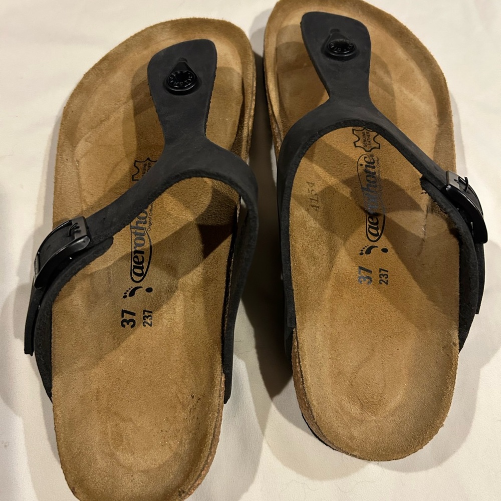 Black Strap Sandals with Tan Footbed
